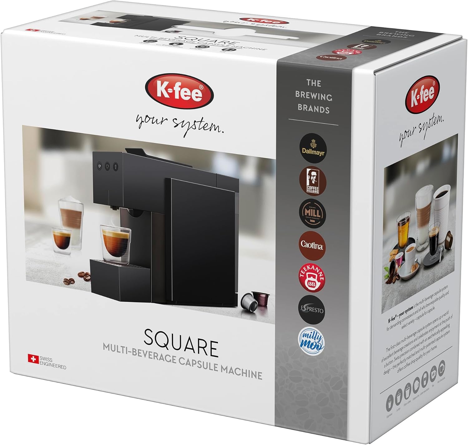Espressomaskine med K-FEE SQUARE kapsler til kaffe, te og kakao | Kompakt espresso | Hurtig opvarmning | 0,8 l vandtank | 19 takter | Klaver sort