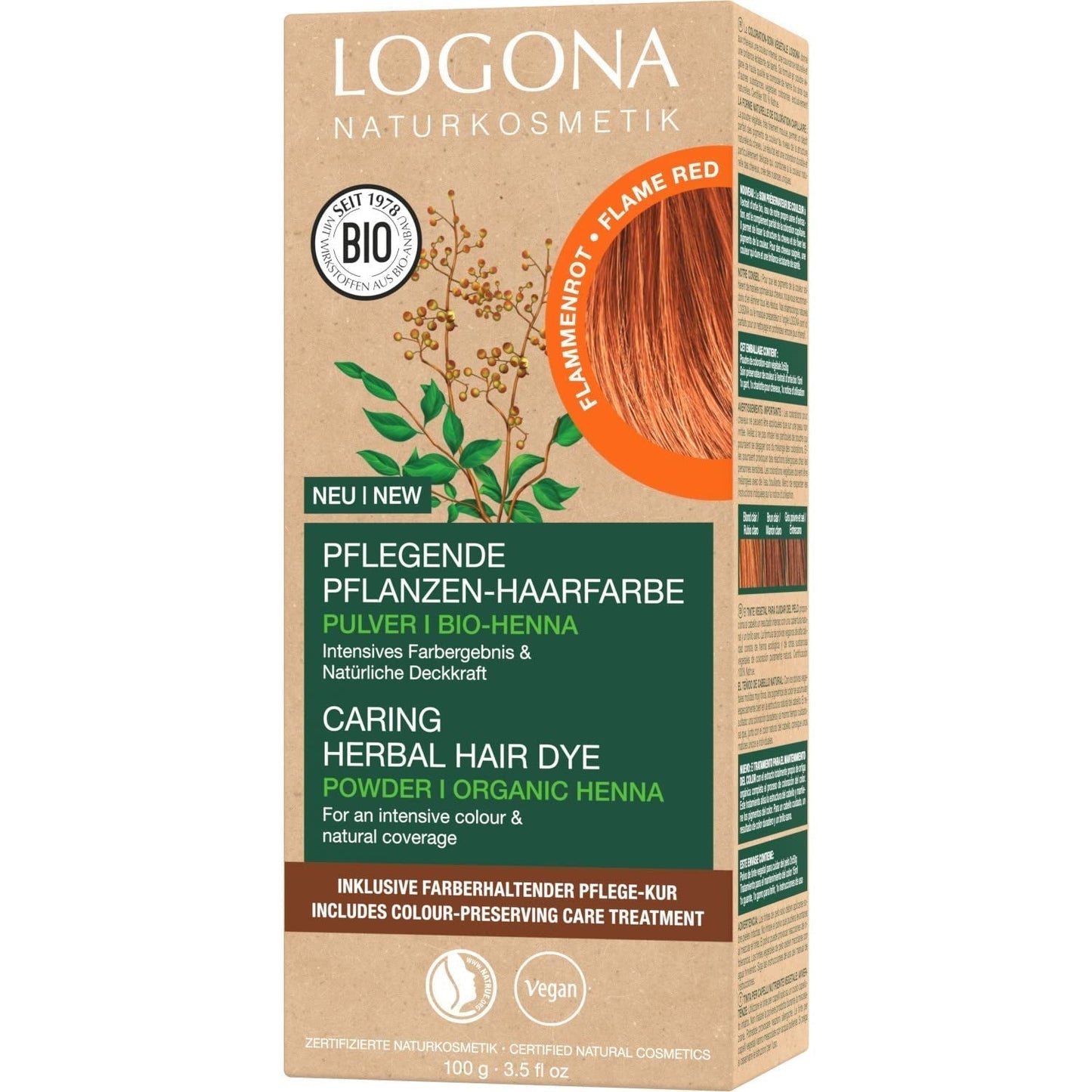 LOGONA Natural Cosmetics Urteplejende hårfarve, økologisk hennapulver Vegansk hårfarve for intens farve og glans, urtefarve i kobberblond (blond), 1 x 100 g Naty Shop Flame Red Hårfarve 100G (1 pakke)