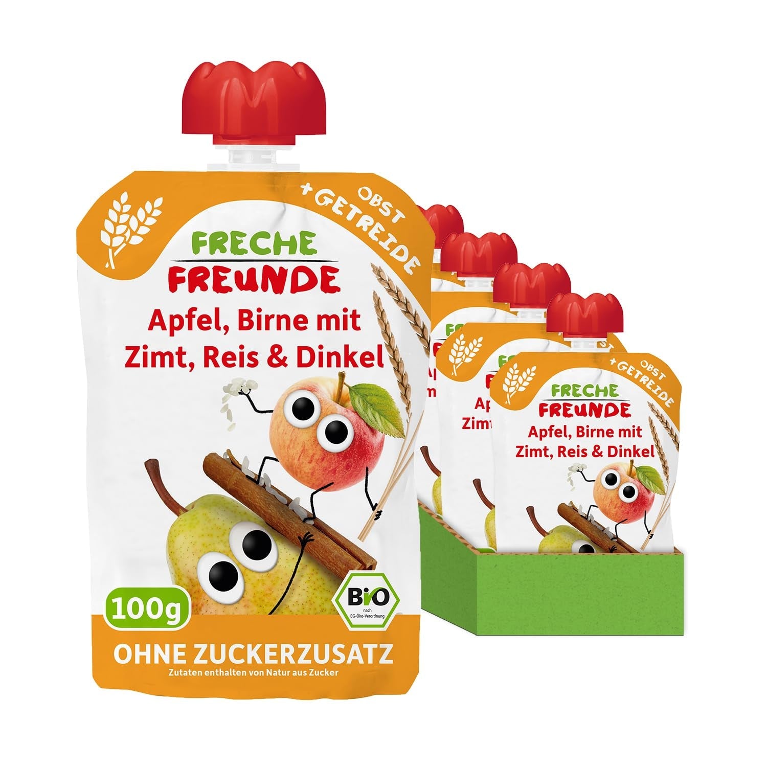 FRECHE FREUNDE Økologisk frugtpose, der kan presses sammen Æble Kanel Pære Ris Spelt frugtpuré med korn til babyer 6 måneder+ Vegansk 6-pak (6 x 100 g)