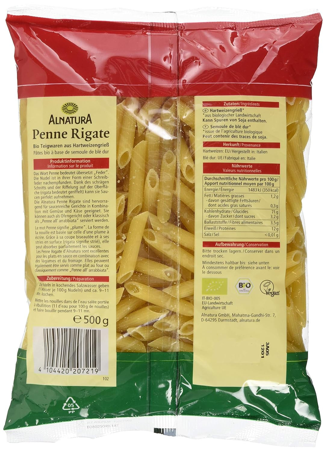 Økologisk pasta Penne Rigate, 500g