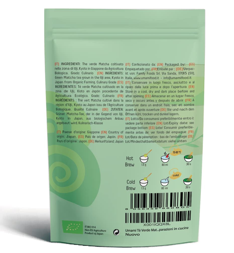 Umami Bio Matcha Grøn te-pulver - kulinarisk kvalitet, dyrket i Uji, Kyoto (Japan) fra økologisk landbrug. Fremragende til at drikke eller til madlavning i køkkenet 100 g...