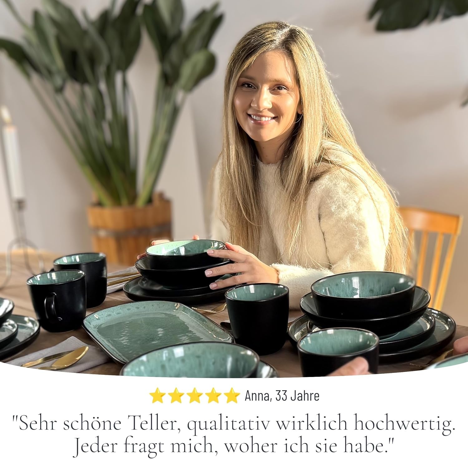 24-delt keramisk stentøjsstel til 6, Ibiza-design, TESTVINDER. Et lækkert middelhavsservicesæt med skåle og tallerkener. Pure Living servicesæt, salviegrøn.