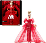 Barbie-signaturdukke 80-års jubilæum Mattel samlerfigur i funklende rød tylkjole med dråbeøreringe og delikate handsker Blondt hår JBJ17