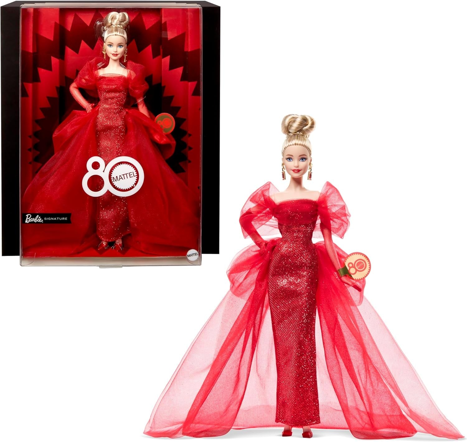 Barbie-signaturdukke 80-års jubilæum Mattel samlerfigur i funklende rød tylkjole med dråbeøreringe og delikate handsker Blondt hår JBJ17