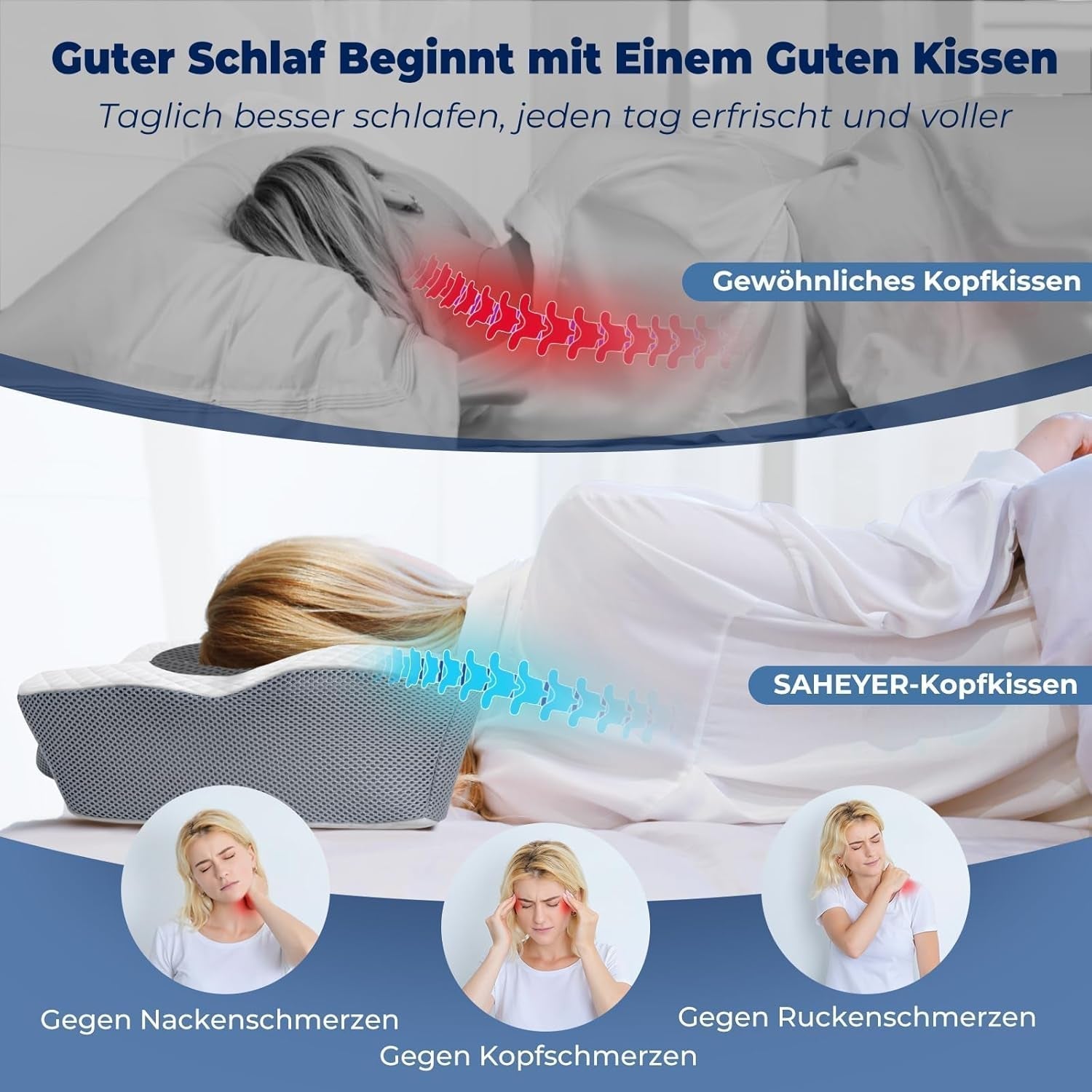 SAHEYER ortopædisk pude nakkestøtte pude hovedpude, ergonomisk nakkepude sidesovepude 60 X 40 X 13/11 cm memory foam pude til sidesove, ryg og mave Cervikale ortopædiske puder Naty Shop