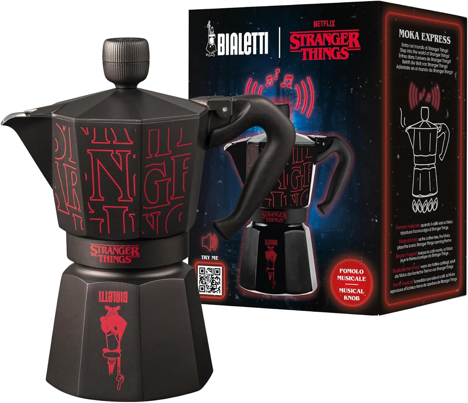 Bialetti Moka Express Stranger Things 6-kops kaffemaskine, musikknap med USB-C-opladningsfunktion, ikke egnet til induktionskogeplader, 6 kopper (270 ml), sort