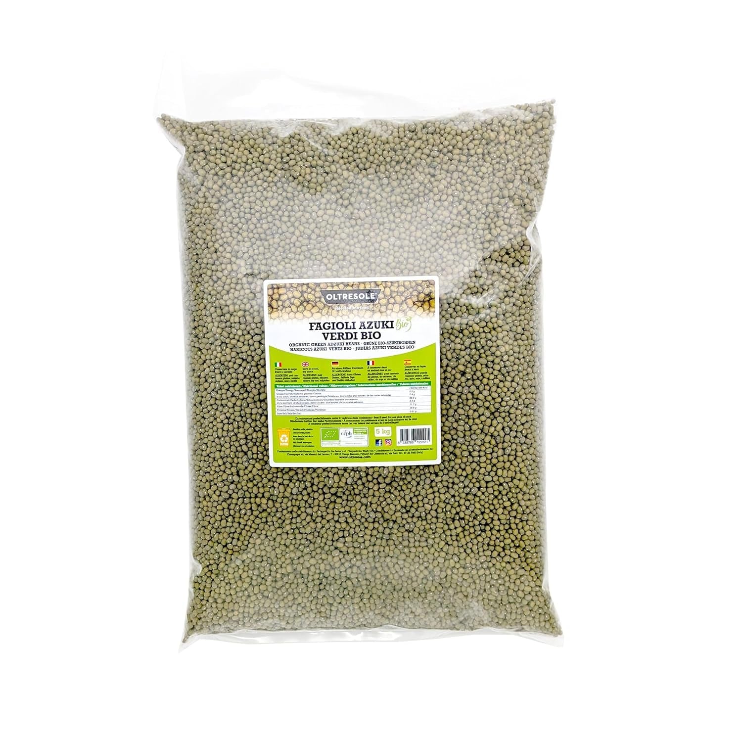Økologiske grønne Azuki bønner, 5 kg, tørrede bælgplanter fra kontrollerede økologiske afgrøder, ideel til veganske og vegetariske supper, salater og opskrifter, økonomipakke