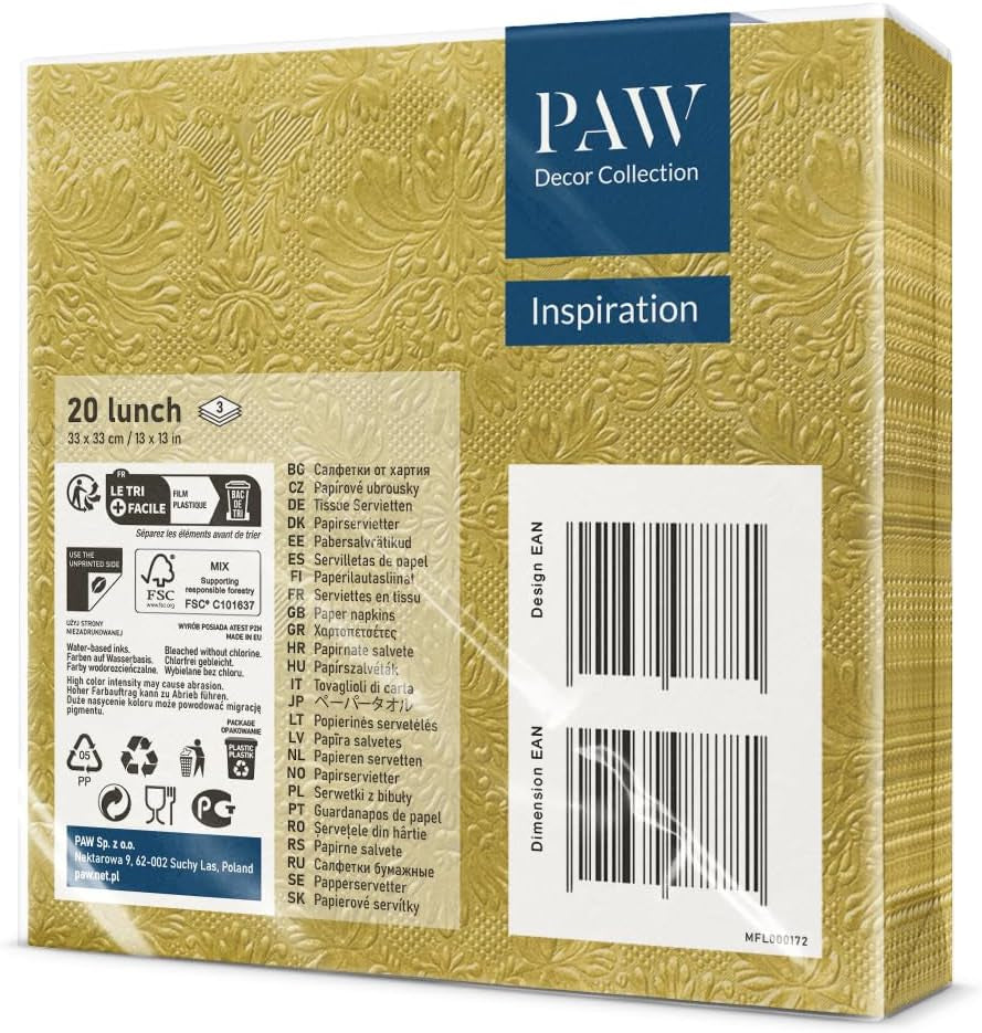 PAW - 3-lags servietter (33 X 33 cm) I 20 stykker I Perfekt til fødselsdage, fester, bryllupper, nadver og helligdage I Farvede papirservietter - særlige lejligheder, ornamenter I Inspiration Classic (guld)