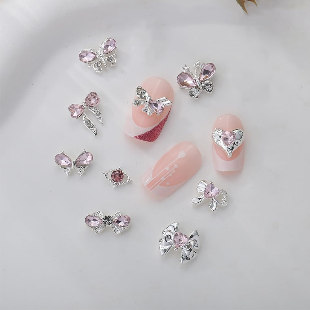 Luxus Rosa Diamant Nagel Charms 3D Butterfly Nail Art Charms Bow Nail Charms Y2K Heart Charms Nägel Tilbehør Schmetterling Herz Schleife Nageldesign Edelsteine ​​​​Strasssteine ​​Glitzersteine ​​​​Nagelschmuck