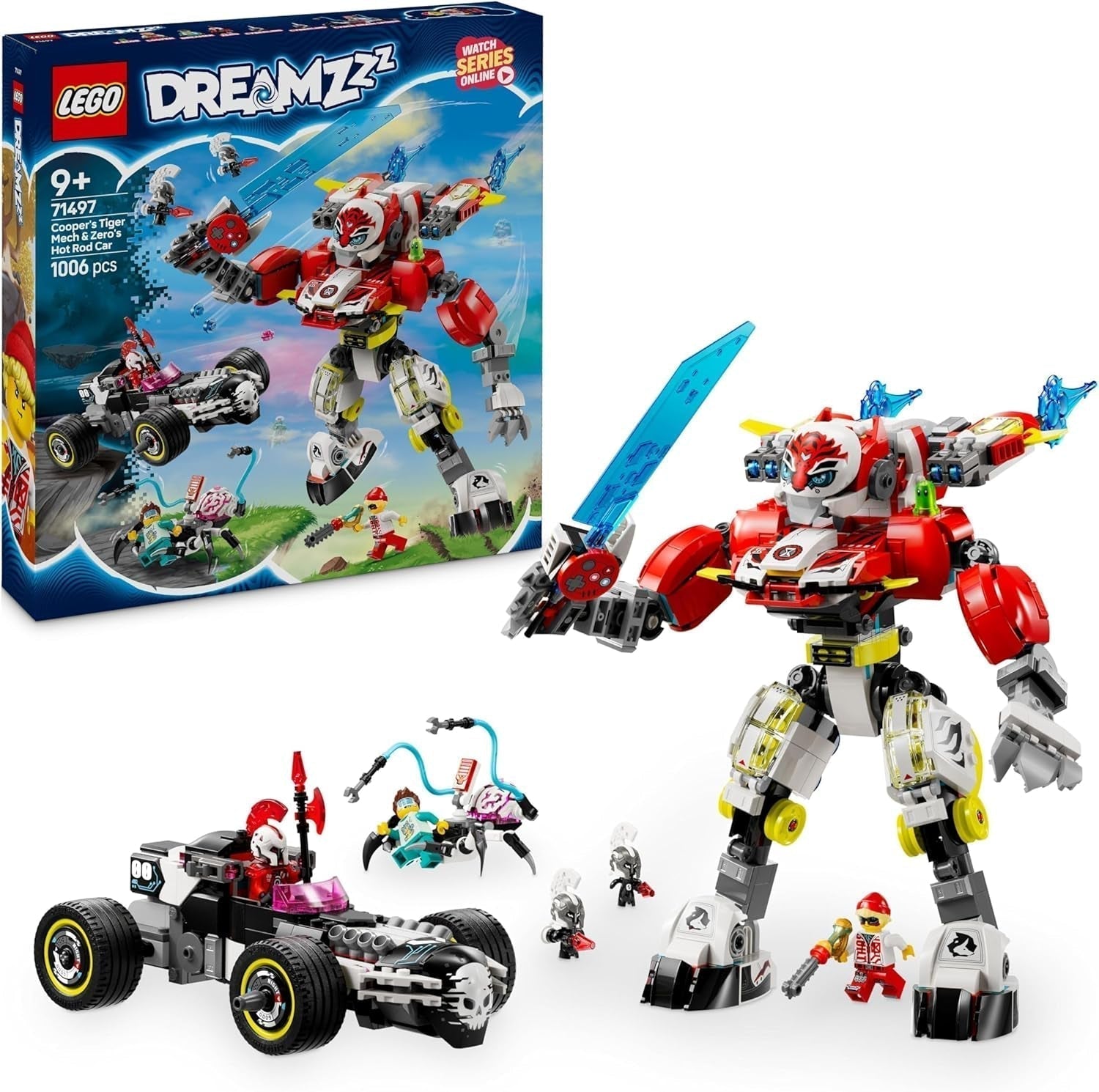 LEGO Dreamzzz Cooper's Tiger Mech og Zero'S Hot Rod Car Legetøjsbil til børn 9 år gamle Drenge og piger Gave 2 i 1 Mech og Minifigure Legesæt 71497 Byggesæt Besuche den LEGO-Store Standardtitel