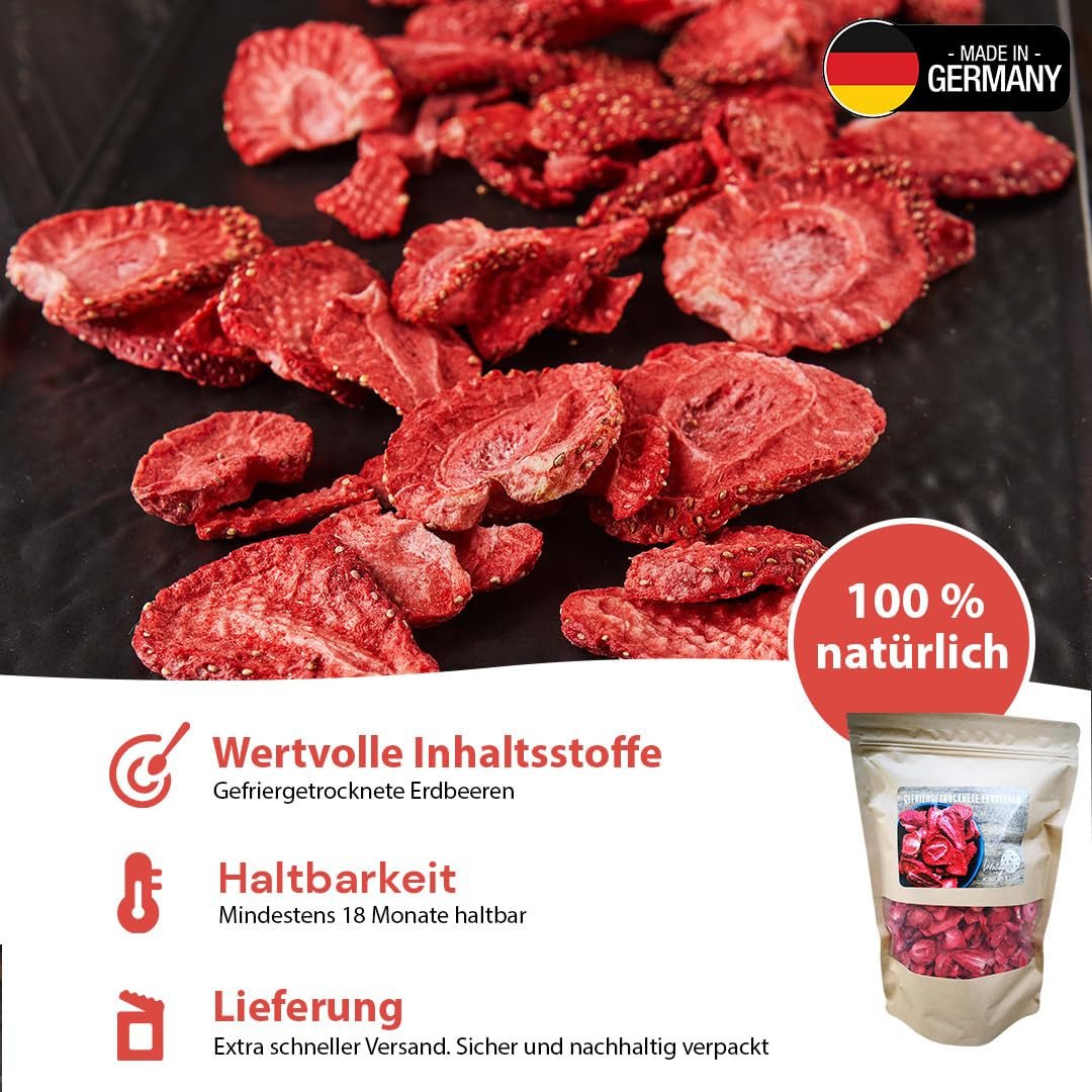 '- 150 g 100% naturlige og rene frysetørrede jordbær - Skivede tørrede jordbær - Frysetørrede tørrede frugter uden tilsat sukker - Usødede jordbærchips Dehydrerede produkter Naty Shop