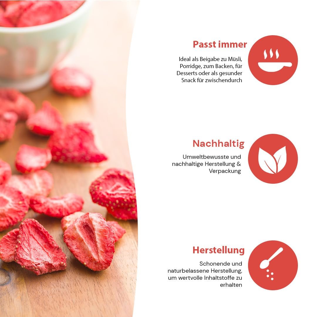 '- 150 g 100% naturlige og rene frysetørrede jordbær - Skivede tørrede jordbær - Frysetørrede tørrede frugter uden tilsat sukker - Usødede jordbærchips Dehydrerede produkter Naty Shop