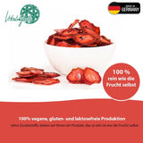 '- 150 g 100% naturlige og rene frysetørrede jordbær - Skivede tørrede jordbær - Frysetørrede tørrede frugter uden tilsat sukker - Usødede jordbærchips Dehydrerede produkter Naty Shop