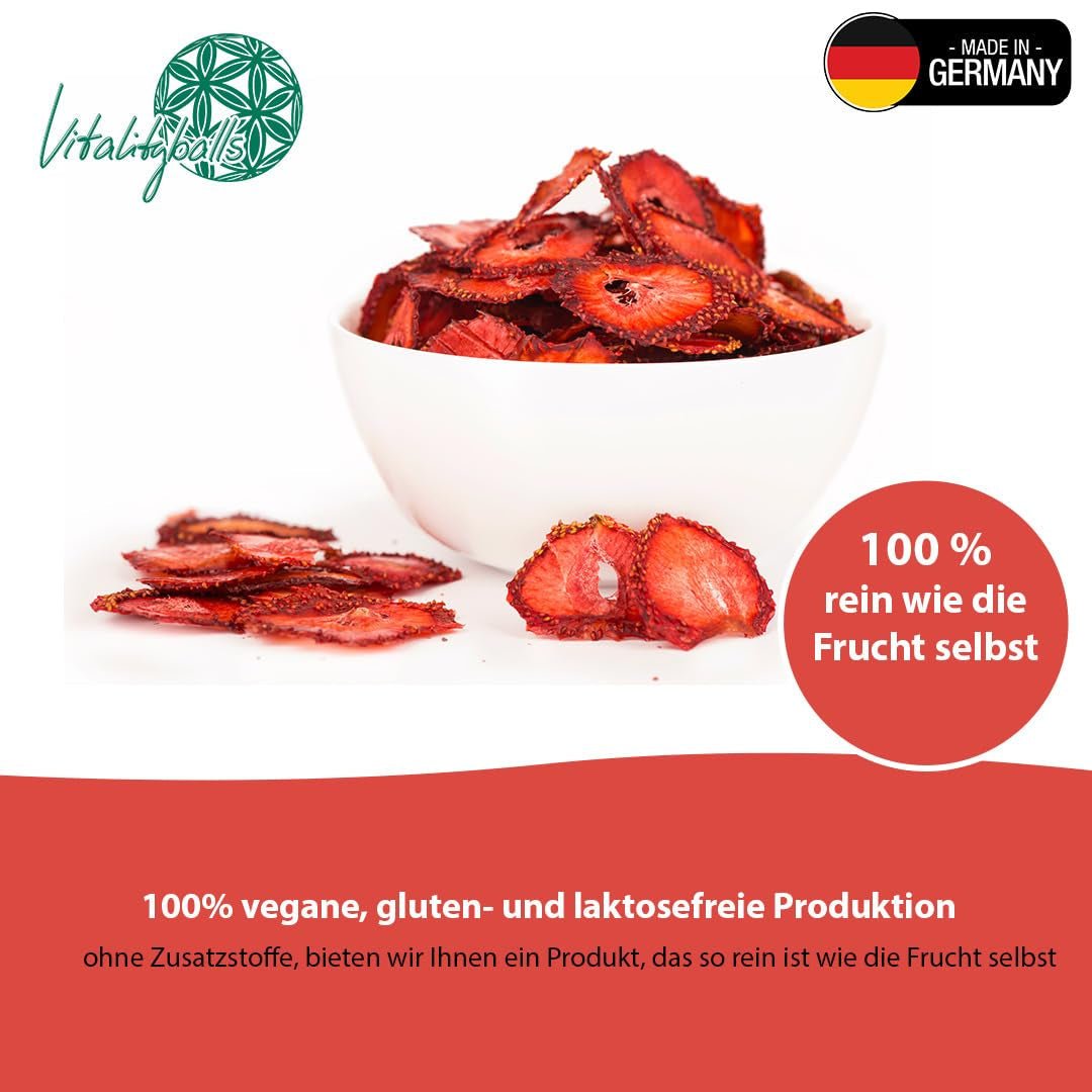 '- 150 g 100% naturlige og rene frysetørrede jordbær - Skivede tørrede jordbær - Frysetørrede tørrede frugter uden tilsat sukker - Usødede jordbærchips Dehydrerede produkter Naty Shop