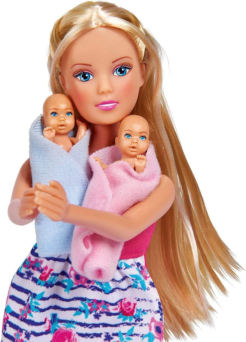 Simba 105733333 - Steffi Love Welcome Twins, gravid dukke med tvillinger, puslebord og bad, tilbehør, modedukke, 29 cm, til børn fra 3 år og opefter