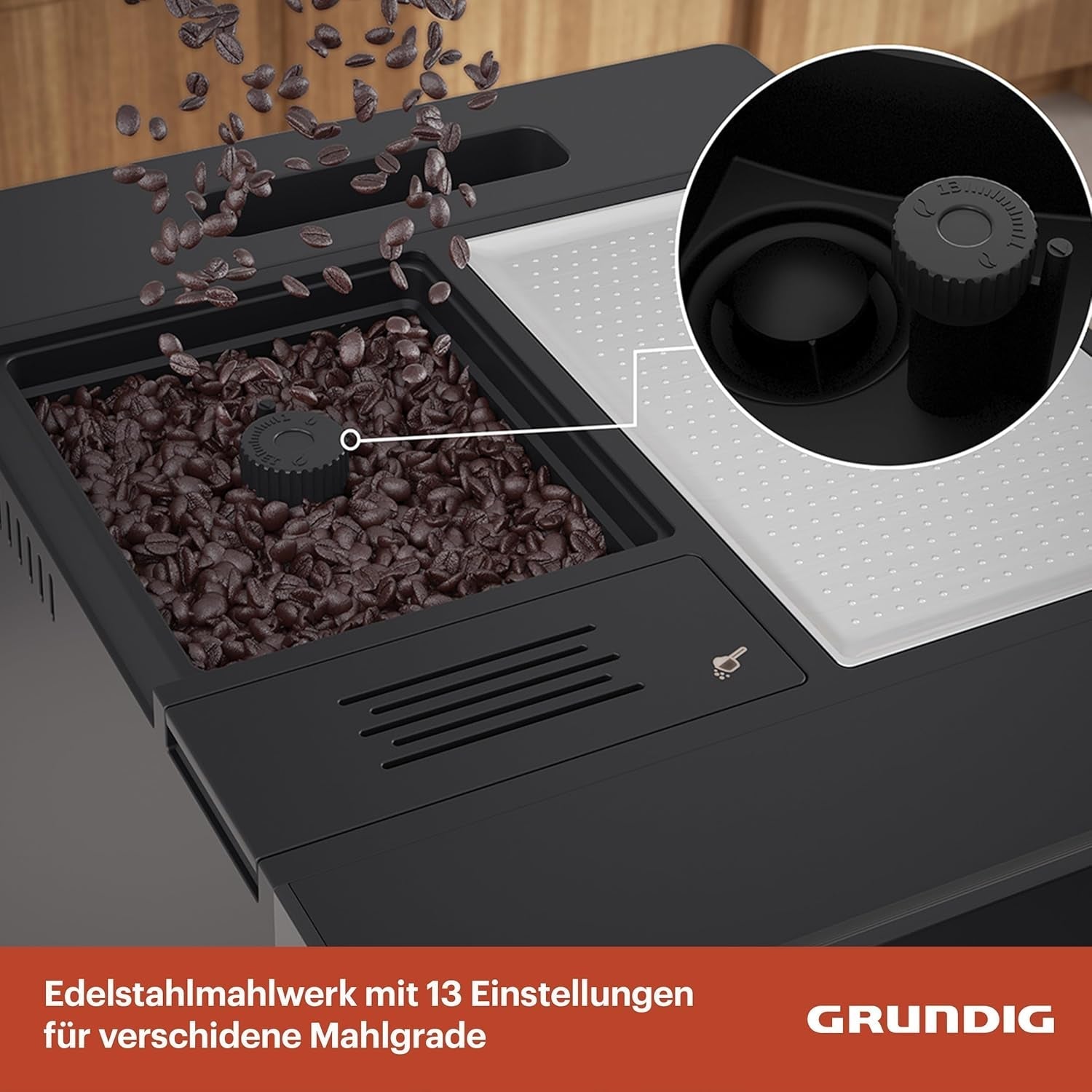 GRUNDIG KVA 6230 fuldautomatisk espressomaskine med mælkeskummer, rustfri stålkværn med 13 slibeindstillinger, bønnebeholder 250 g, aftagelig vandtank 2 liter, pumpetryk 19 bar, touchdisplay, sort
