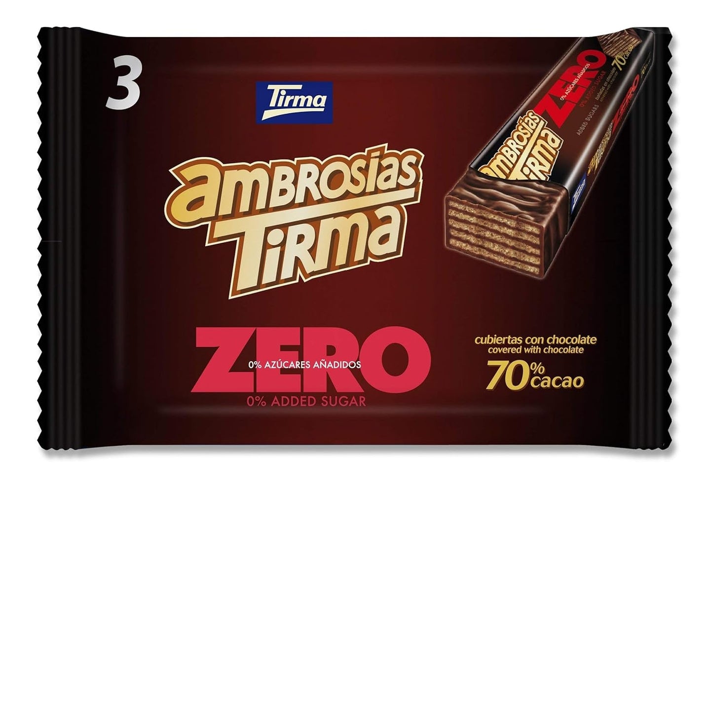 Vafler med mørk chokolade Tirma 70% kakao | Uden tilsat sukker | Velegnet til keto-diæter | Lav kulhydrat | Til diabetikere Chokoladewafers Multi Pack | 3 stk | 64,5 g