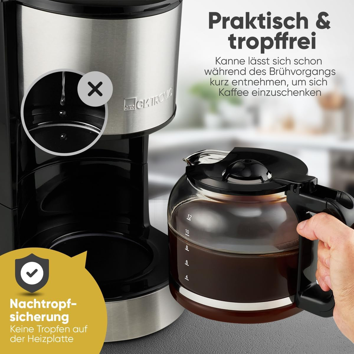 Kaffeespressomaskine med Clatronic® filter | til 12-14 kopper | Kaffe espressomaskine med filter | Rustfri stålkasse | Anti-dryp | Espresso | Kaffe espressomaskine med filter | 800W | KA 3808