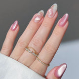 Moonglow korte magnetiske falske negle, pink mandelrød gradient glitter katteøje med lim, pink rød ombre glitter fototerapi kunstige negle til kvinder og piger