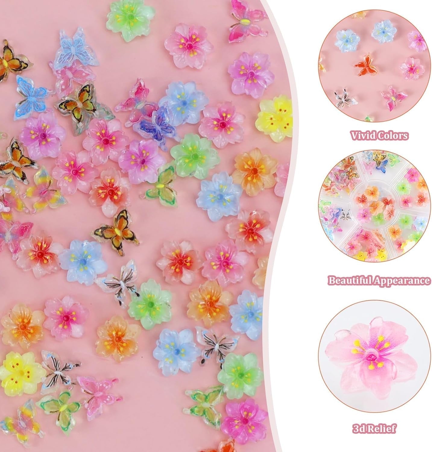 YICH Nail Charms Nägel Charms 50 Stk 3D Blomster + 50 Stk 3D Schmetterling, Sommer Nägel Deko Sæt Schmetterling/Flowers Nail Art Nailart