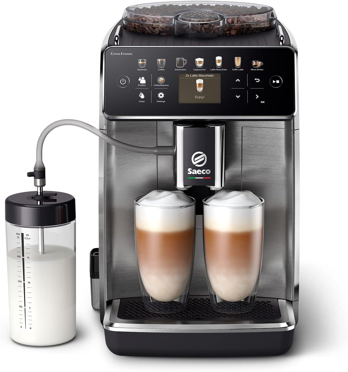 Saeco GranAroma automatisk espressomaskine - 14 kaffespecialiteter, intuitiv farveskærm, 4 brugerprofiler, keramisk kværn, 1500 watt (SM6580/10)