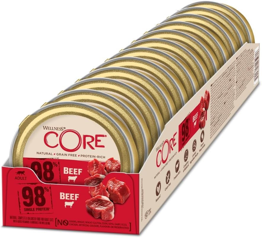 Wellness CORE 98% 12 x 85g, Oksekød - Vådfoder til katte, tyk paté, kornfri, naturlig, hypoallergen, højt proteinindhold, højt indhold af kød