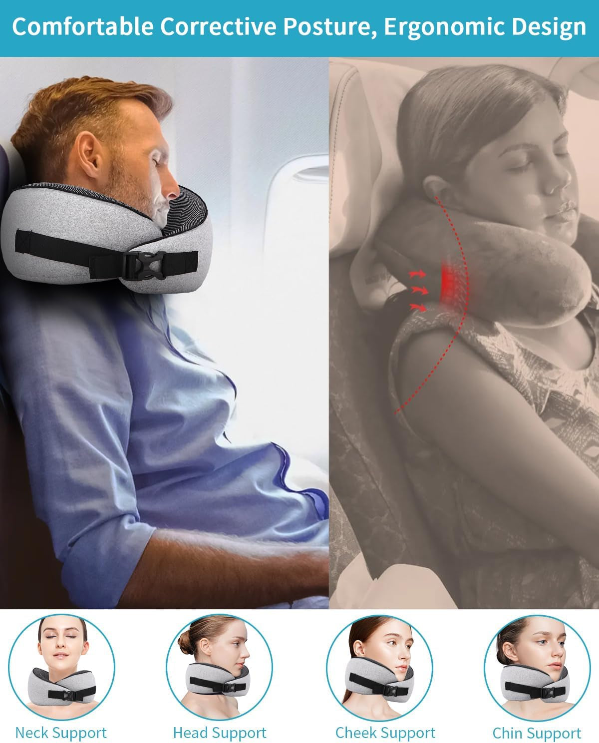 Flynakkepude, Memory Foam Rejsepude, Voksen Nakkepude, Justerbar vaskbar Flypude, Ergonomisk rejsepude (grå) Cervikale ortopædiske puder Naty Shop
