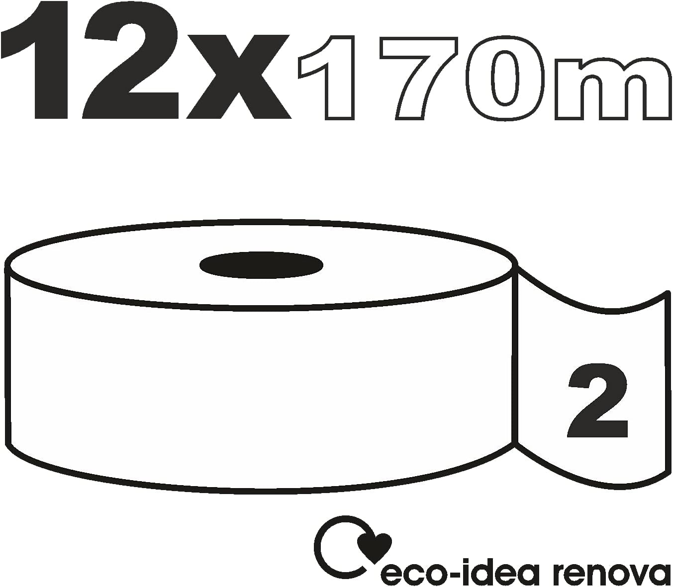 Toiletpapir Renova Jumbo BLK, 12 ruller ved 170 M, hvidt papir, 2 lag