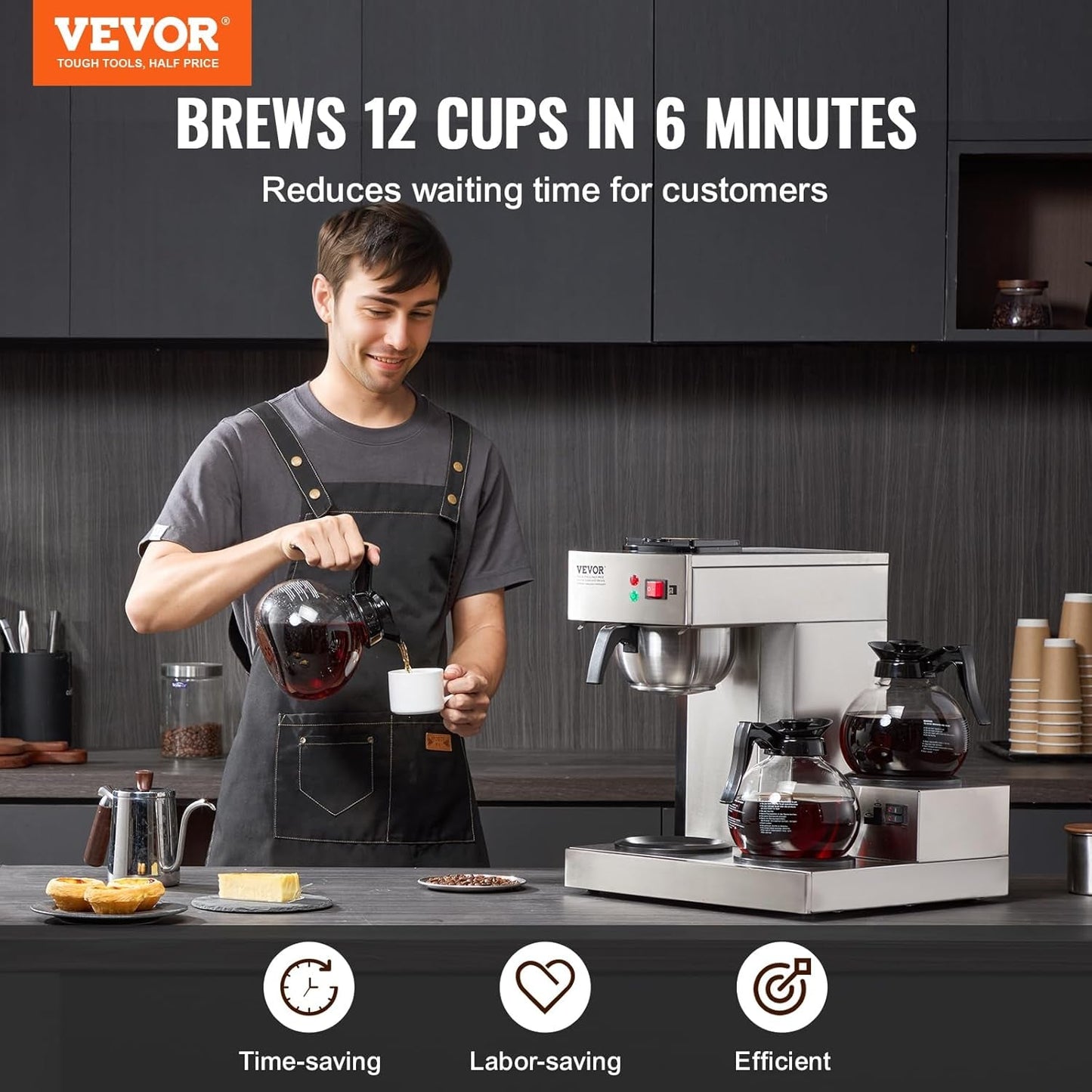 VEVOR kommerciel espressomaskine med 12 kopper filter med 3 glaskander og 3 varmeplader Espressomaskine i rustfrit stål med automatisk vandforsyning til restaurantkontorkaffe