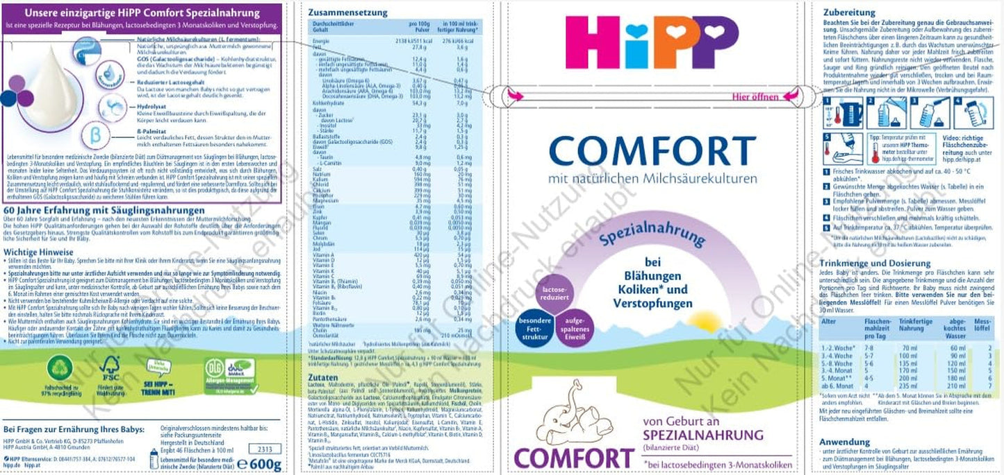 Speciel formel HiPP Comfort (4 x 600 g), fra fødslen, med reduceret laktoseindhold, til diætbehandling af kolik, oppustethed og forstoppelse