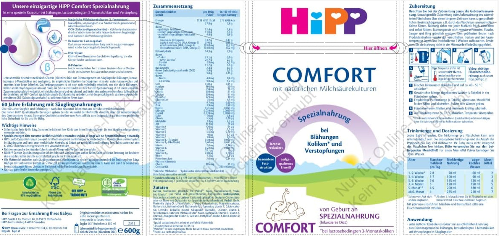 Speciel formel HiPP Comfort (4 x 600 g), fra fødslen, med reduceret laktoseindhold, til diætbehandling af kolik, oppustethed og forstoppelse