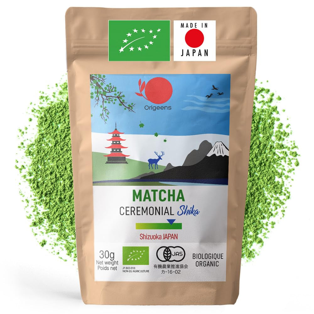 ORIGEENS BIO MATCHA CEREMONIAL GRADE "SHIKA" - Økologisk japansk te fra Shizuoka - Matcha Latte/Usucha - 30g refillpose - Ceremoniel økologisk Matcha grøn te-pulver