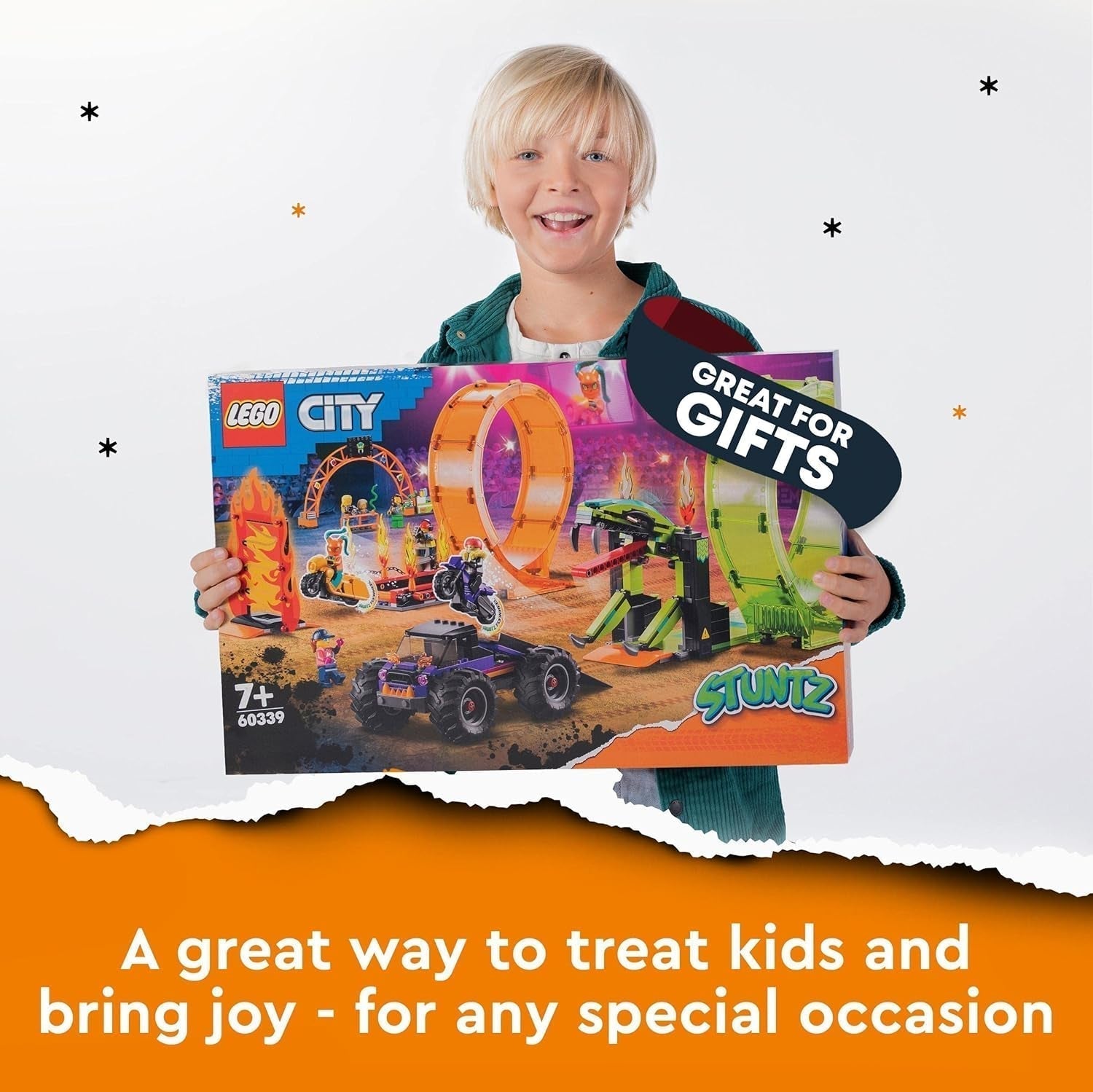 LEGO 60339 City Stuntz Stuntz Show Double Looping Sæt, inkl. rampe, monstertruck, 2X motorcykel og 7 minifigurer, legetøj til børn over 7 år Byggesæt Besuche den LEGO-Store