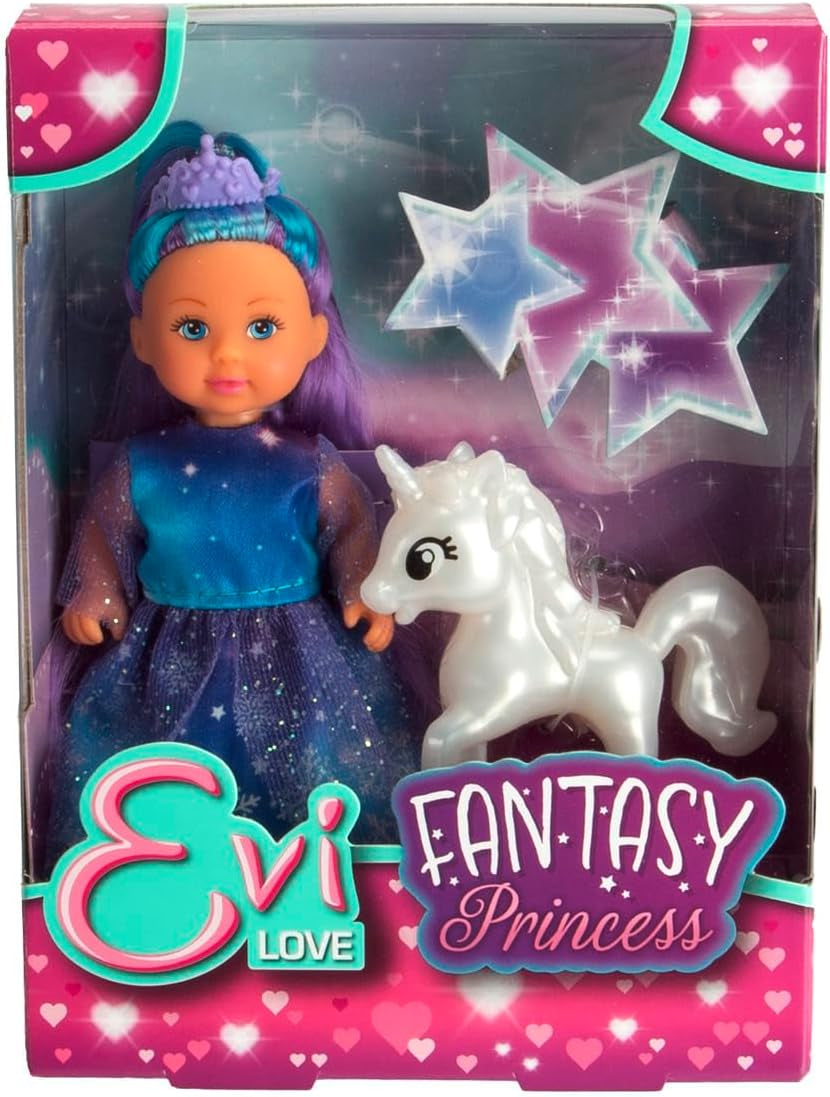 Simba Evi Prinsesse Kærlighedsfantasi, dukke i eventyrkjole med en skinnende enhjørning, 12 cm legedukke, 3+ år
