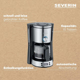 SEVERIN "TypeSwitch" espressomaskine med glaskaraffel og timer, AromaSwitch til valg af 2 bryggemuligheder, digitalt ur med timerfunktion, til op til 10 kopper, 1000W, børstet rustfrit stål-sort, KA 4826