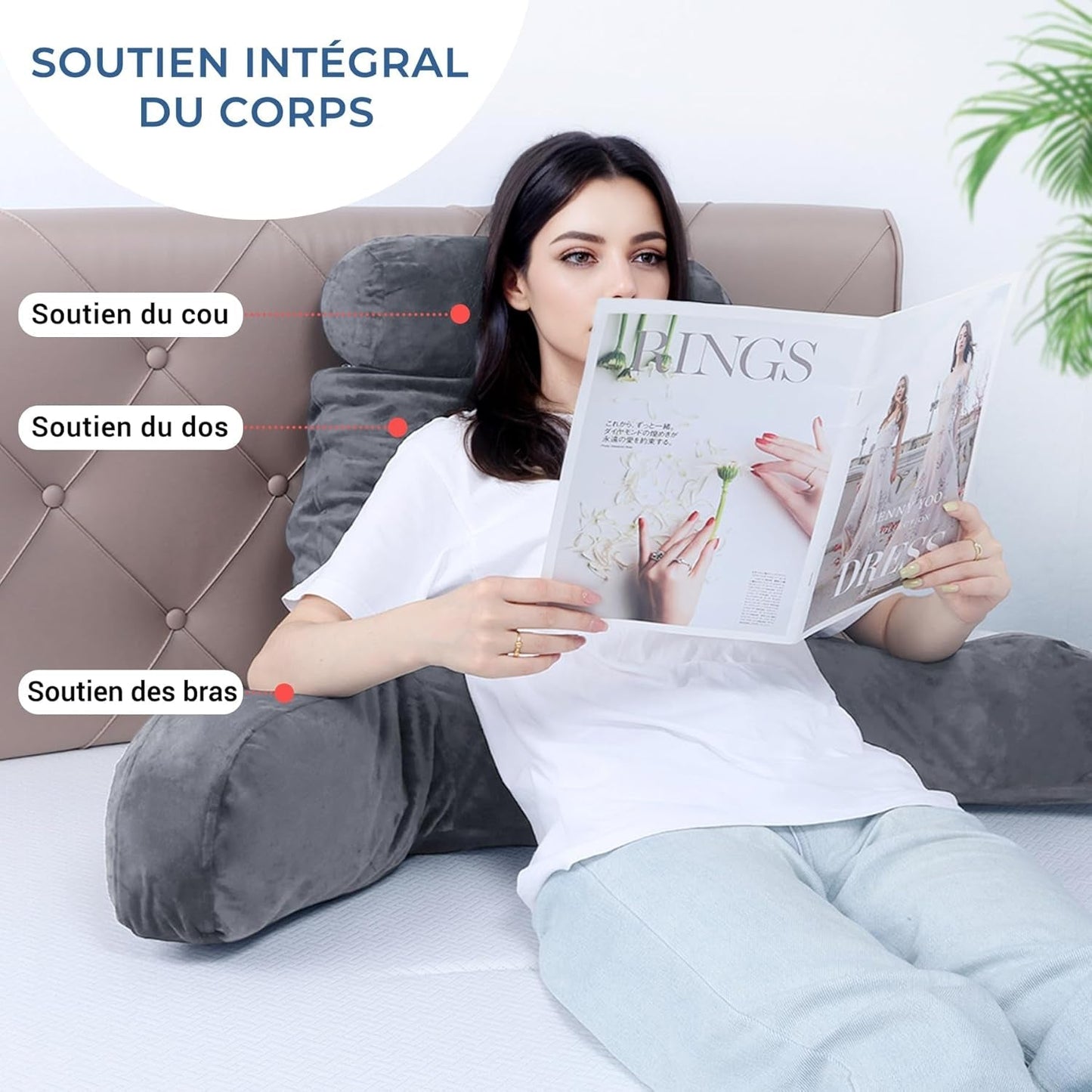 INFANTIA ergonomisk læsepude med armlæn, rygstøtte, stor, grå