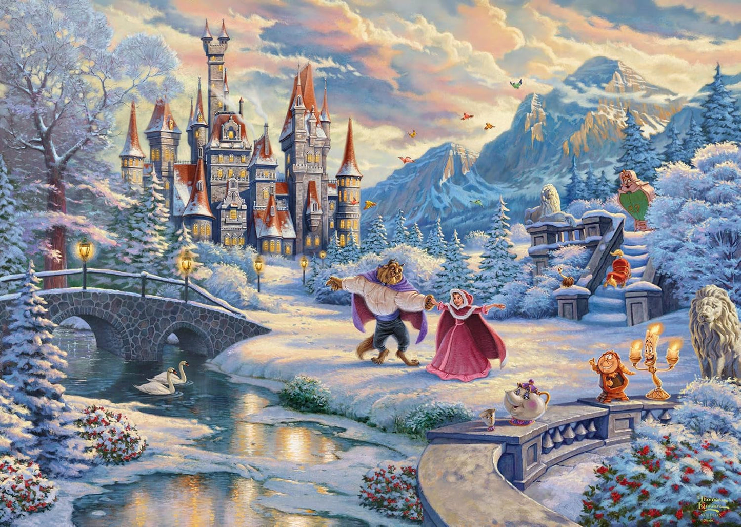 Schmidt Spiele 59671 Thomas Kinkade, Disney, Skønheden og Udyret, Magisk vinteraften, puslespil 1000 brikker Puslespil Naty Shop