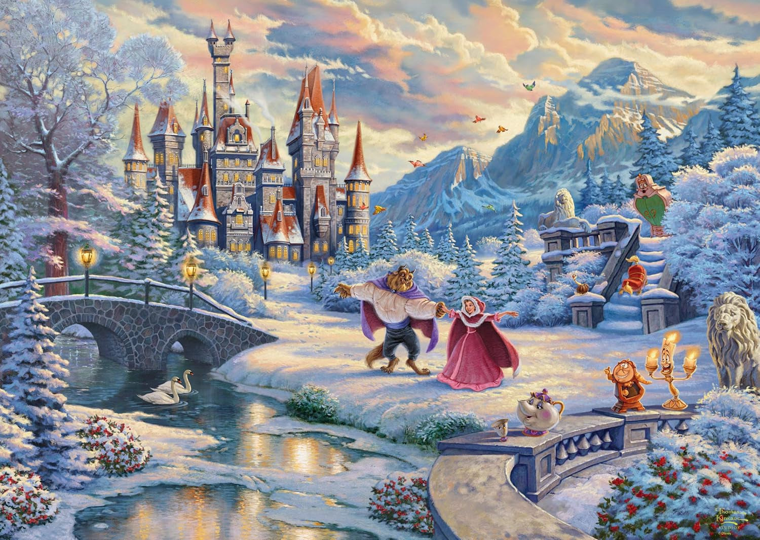 Schmidt Spiele 59671 Thomas Kinkade, Disney, Skønheden og Udyret, Magisk vinteraften, puslespil 1000 brikker Puslespil Naty Shop