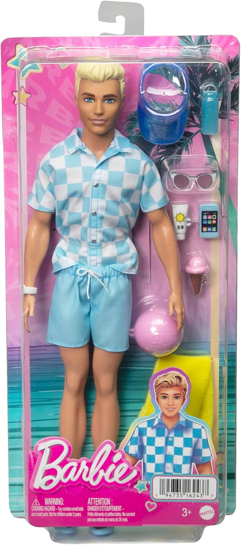 Barbie Ken - Blond dukke med blå skjorte og badeforklæde, strandtilbehør og badebold til kreativ leg, fra 3 år og opefter, HPL74