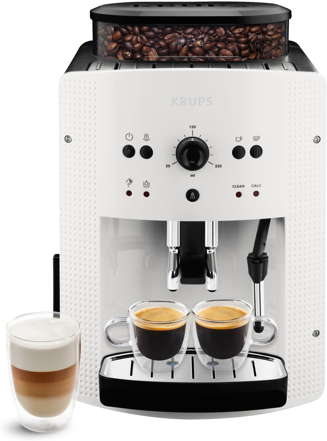 KRUPS Arabica Picto automatisk espressomaskine, kompakt design, nem at bruge, intuitiv justerbar drejekontrol, mælkeskummer, 2-kops funktion, espressomaskine, sort, EA810870