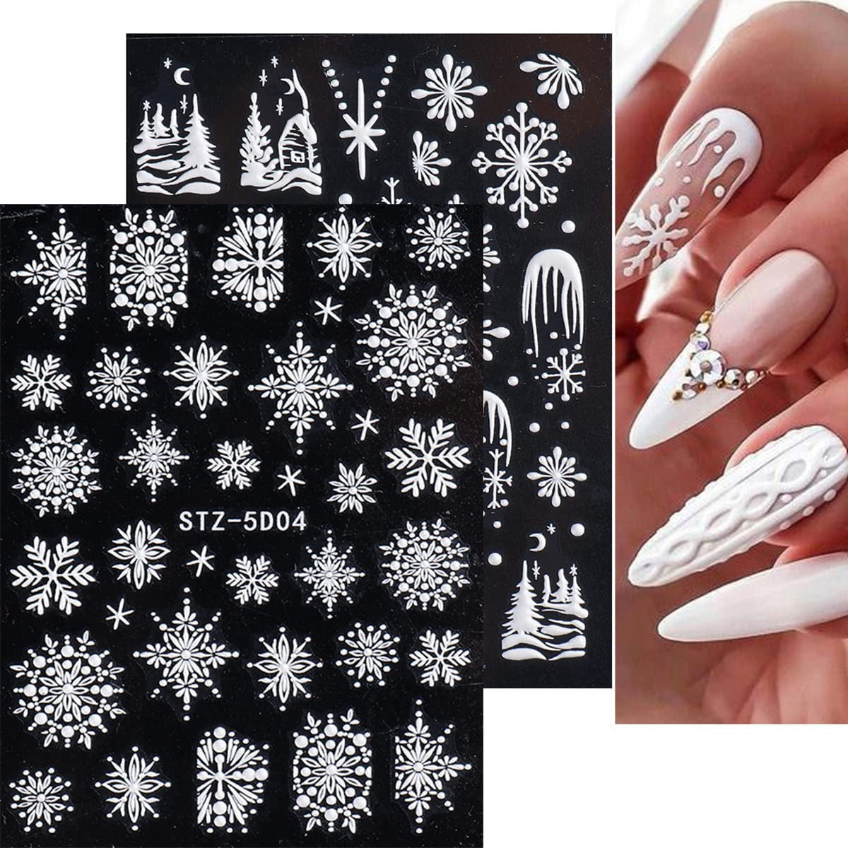 4 Blatt 3D Nagelsticker Weihnachten Nagelaufkleber Christmas 5D Stereoskopisk Selbstklebend Schneeflocke Schneemann Nail Art Sticker Dekoration Nageldesign Zubehör