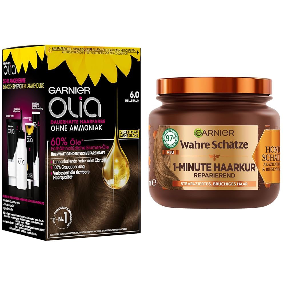 Garnier Olia Hair Color 6.0 Light Brown + True Treasures Repair Treatment (340ml) til beskadiget hår - farvning uden ammoniak, naturlige olier, dækker gråt hår, honning og bivoks, mindre hårbrud Hårfarve Naty Shop Hårfarve + reparationsbehandling