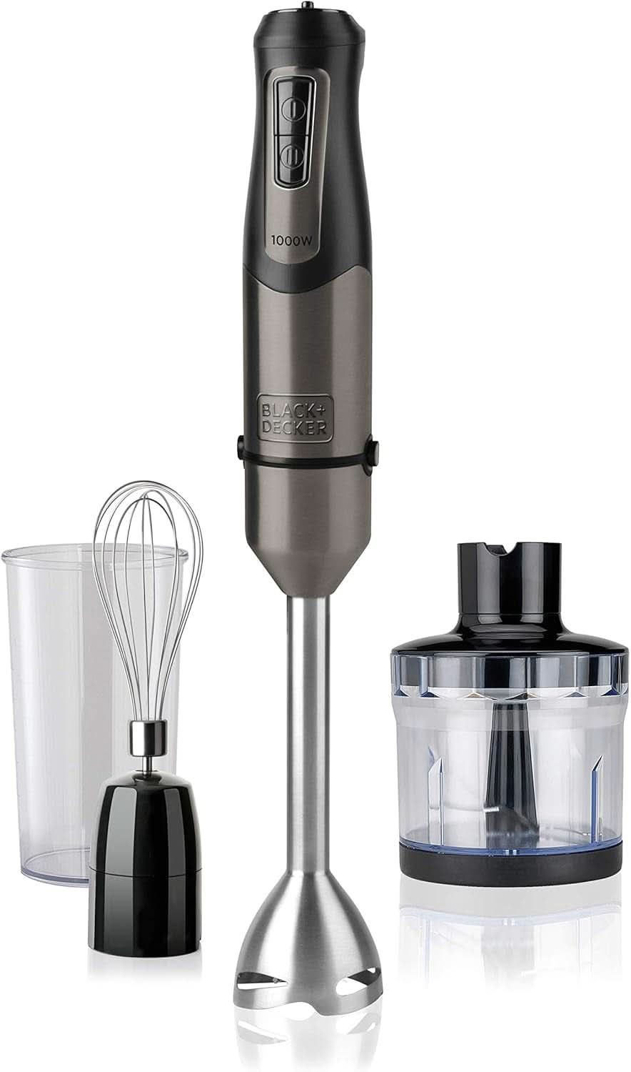 BLACK+DECKER Stand mixer | BXHBA1500E | 1500 Watt | 20 hastigheder | Turbo | Edelstahl | Spritzschutz | Inklusive Pürieraufsatz, Schneebesen, Zerkleinerer Und Messbecher Kitchen Naty Shop Single 3 Zubehörteile 1000W