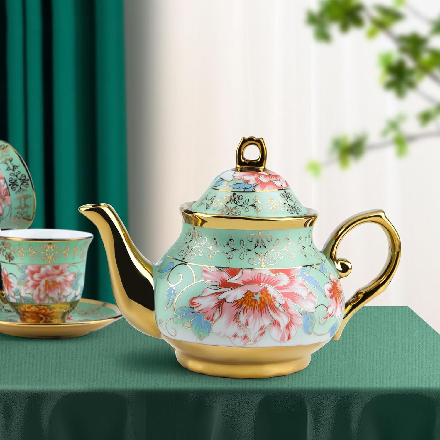 Keramisk tesæt med metalstativ, 20 stykker vintage blomstermønster porcelæn tesæt, tesæt i europæisk stil til 6, 160 ml keramisk tekop, 700 ml tekande, til fester