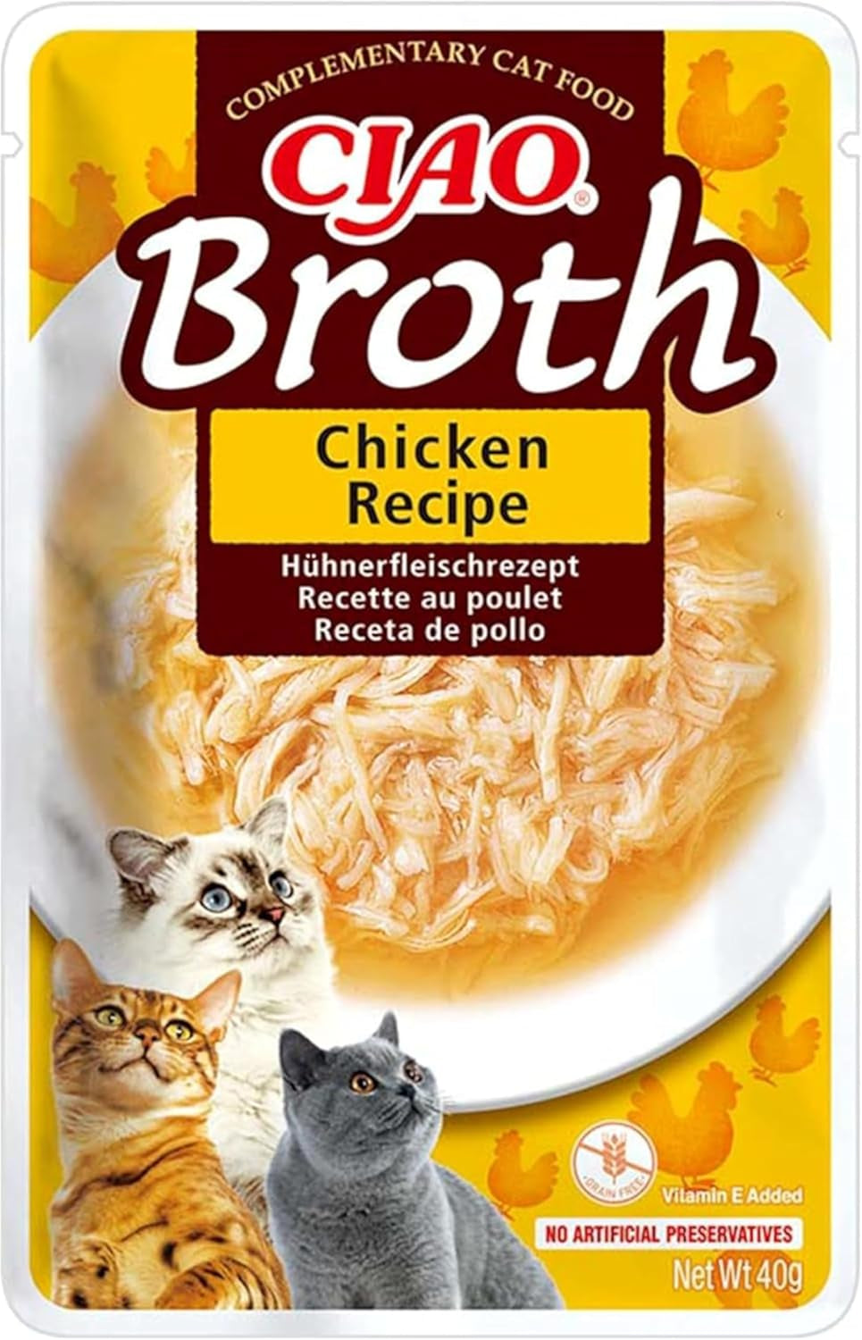 INABA Ciao Bouillon Vådfoder til katte 88% fugt og E-vitamin, premium suppe til katte med kylling 40g (pakke med 12), 100% naturligt kød, kornfri, sukkerfri