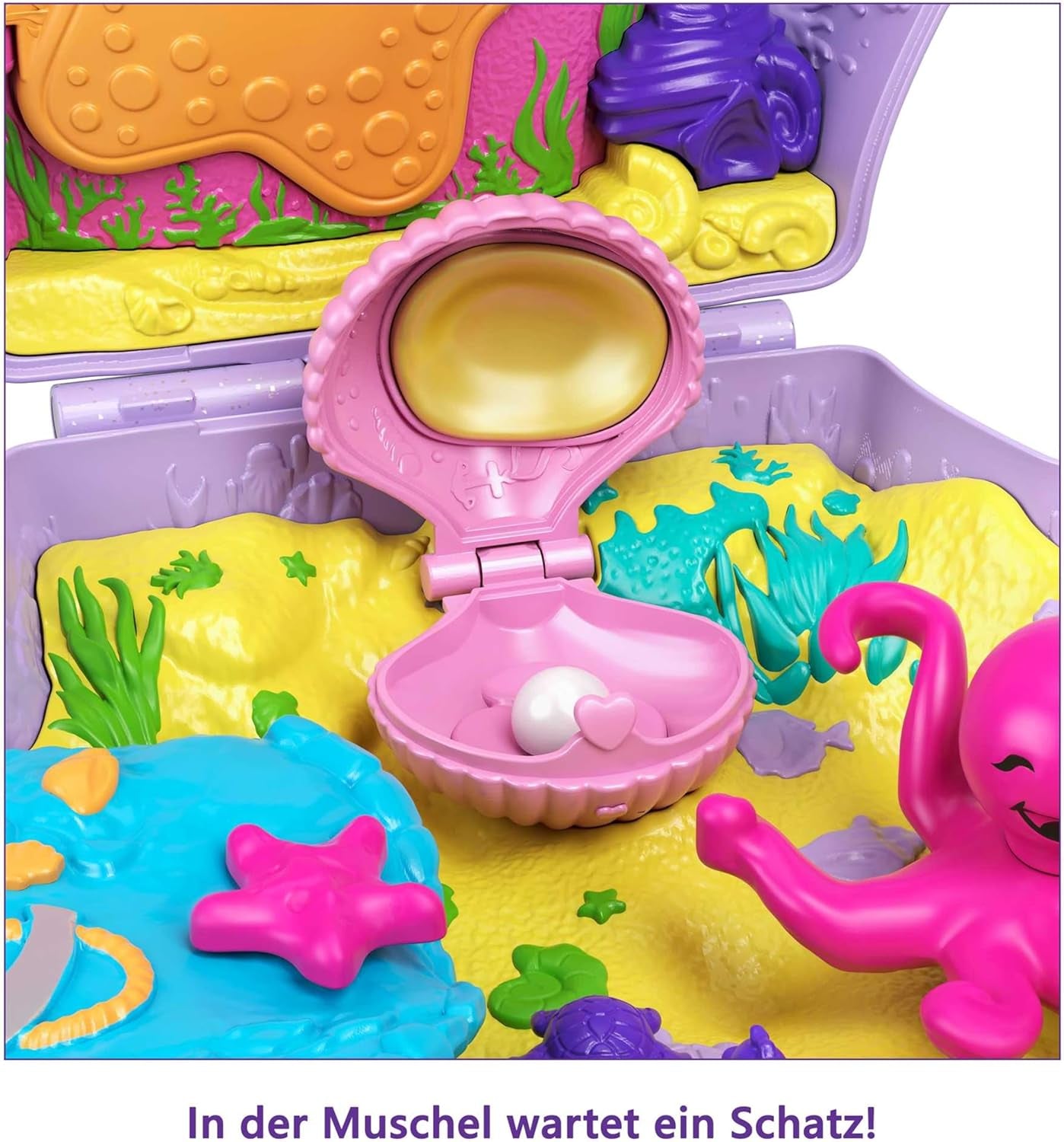 Polly Pocket Opbevaringsboks Muslingeskalstaske med 2 dukker og 1 ubåd Polly Pocket Mermaid Legetøj Age 4+ GNH11