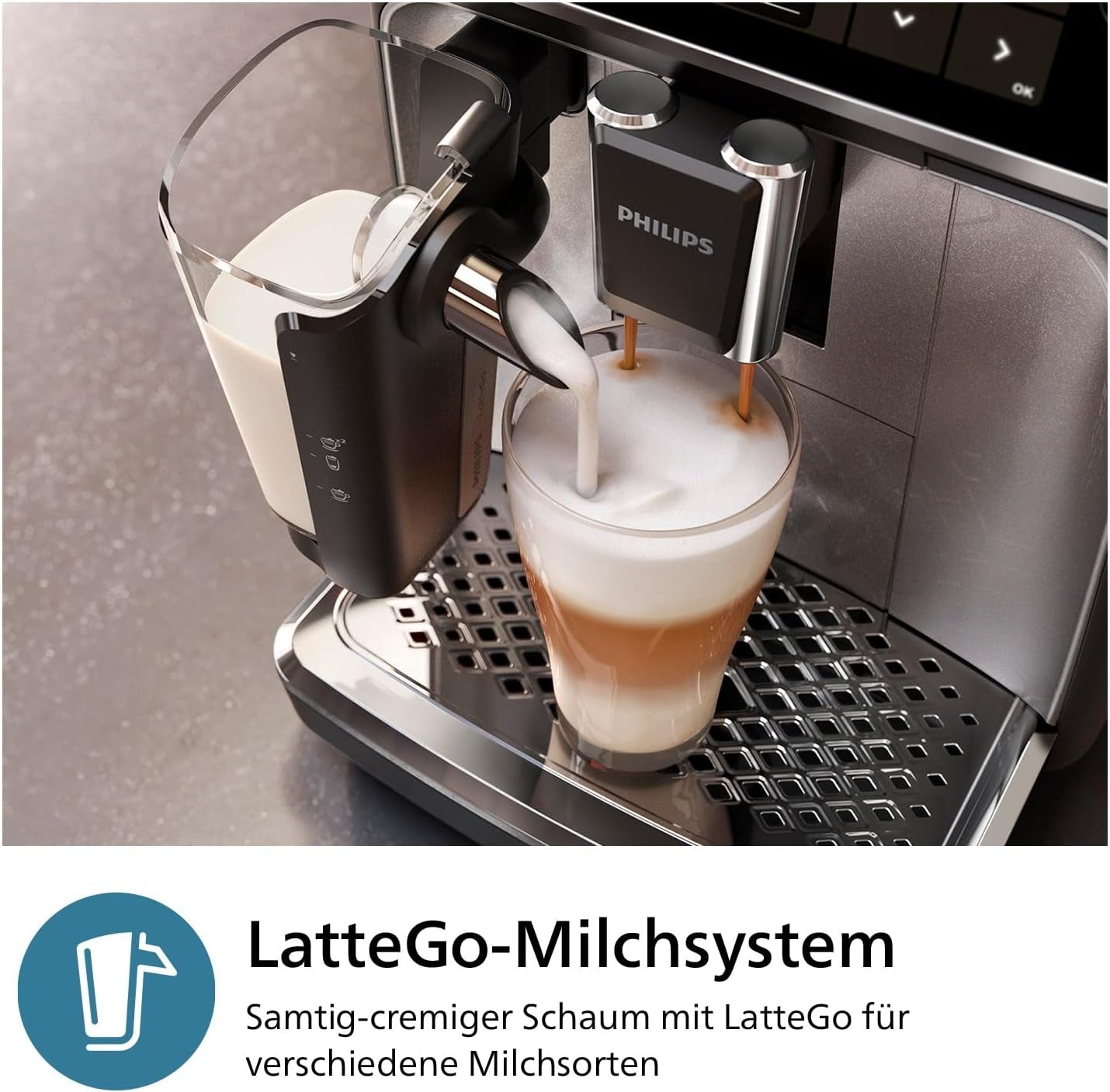 PHILIPS automatisk espressomaskine 3300-serien - 6 drinks, moderne farvetouchskærm, LatteGo mælketilberedningssystem, SilentBrew, 100% keramisk kværn, AquaClean-filter. Sort krom (EP3347/90)