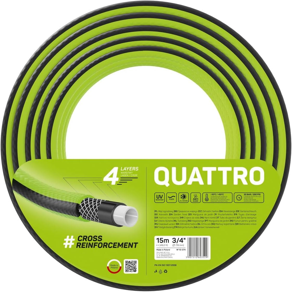 Cellfast QUATTRO Haveslange Holdbar Letvægts 4-lags UV-resistent trådslange Krydsfletning 20 Bar 3/4" 15m 10-074