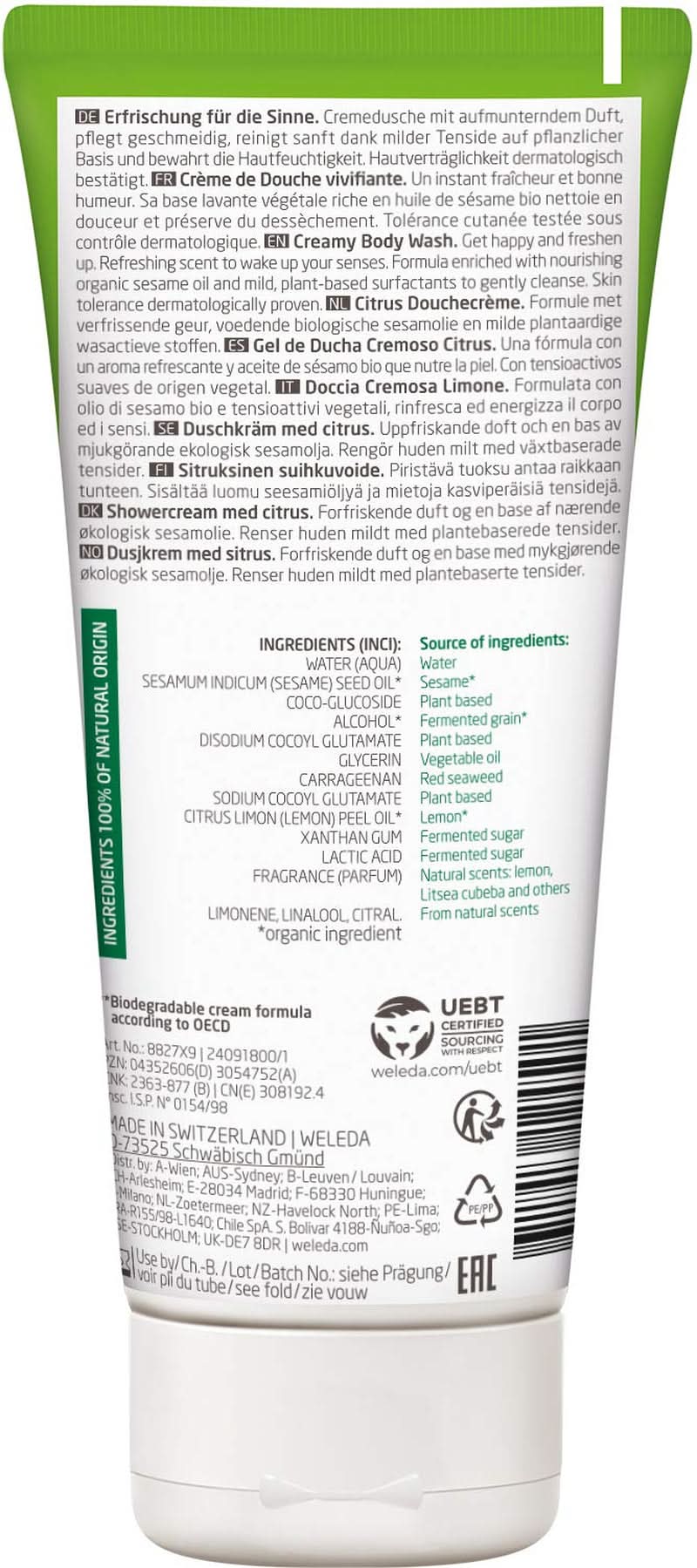 WELEDA Organic Refresh Shower Gel Vegansk, unisex shower gel, citron/appelsin smag, 200 ml Naty Shop