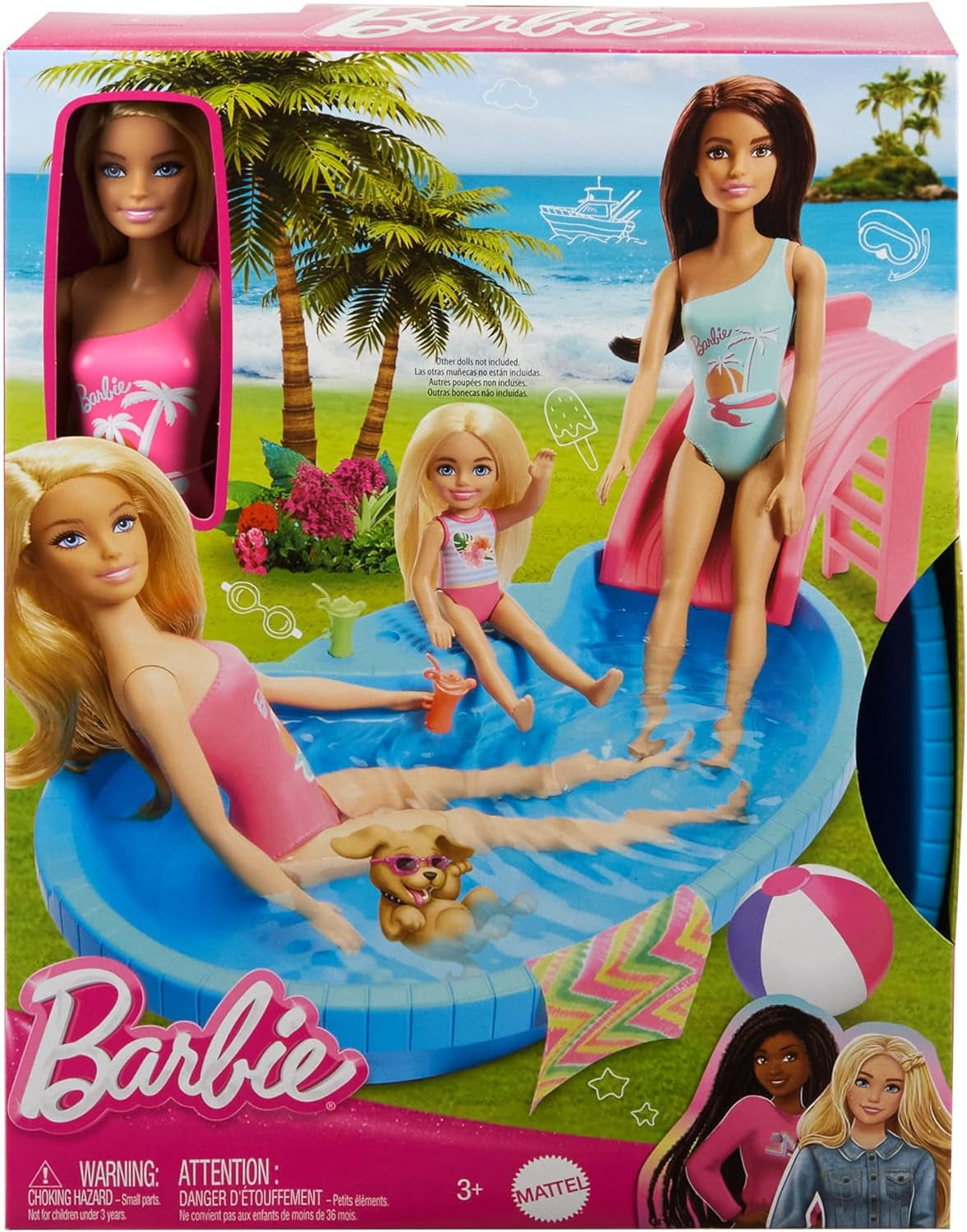 Barbie-dukke og tilbehør - pool med rutsjebane og tilbehør til timevis af sjov i solen, pink badedragt med tropisk design, til børn fra 3 år og opefter, HRJ74